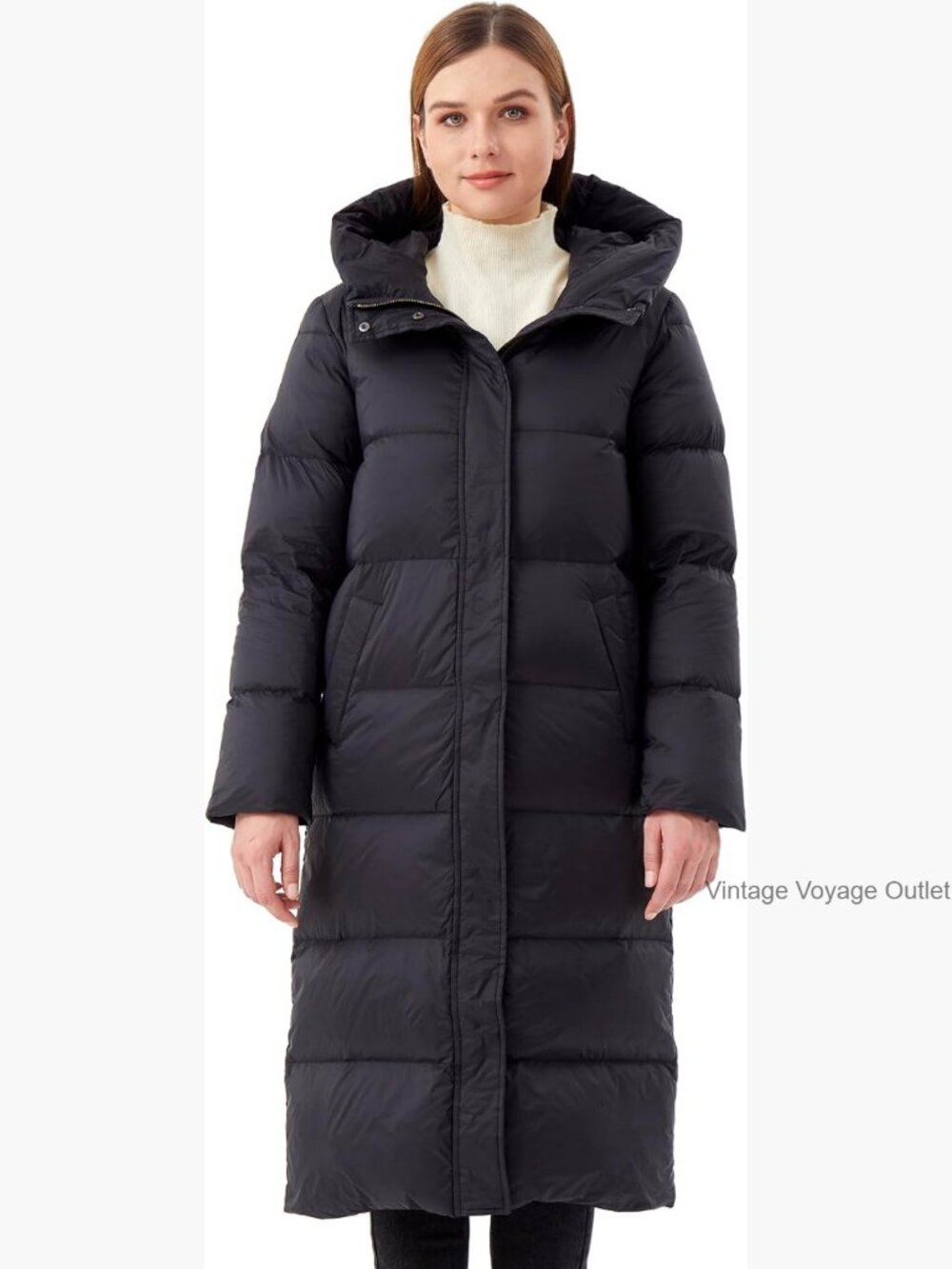 Knee-Length Goose Down Puffer Coat with Hood Insulated Winter Jacket